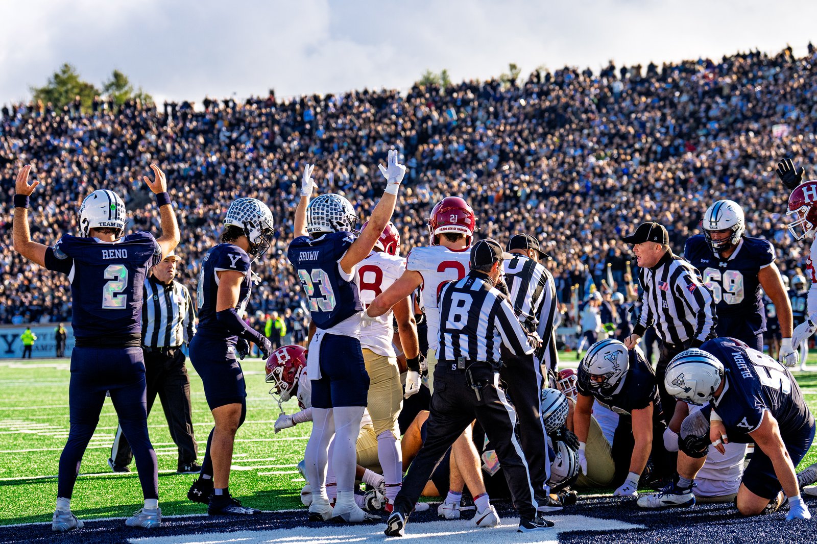 Yale players raise their arms in celebration on the sideline against Harvard